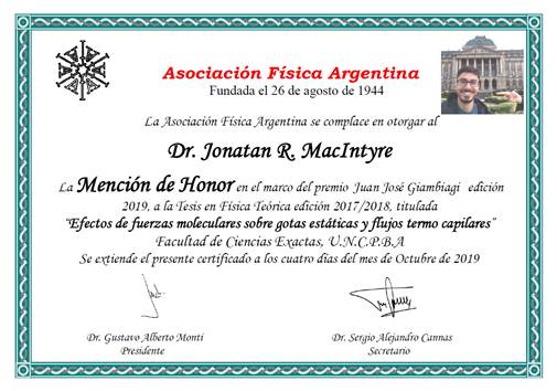 Mención de Honor en el marco del premio J. J. Giambiagi, edición 2019.